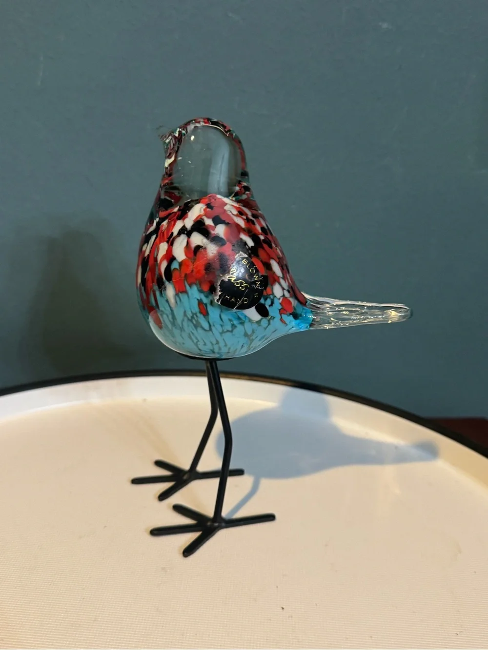 Handblown Multicolor Glass Bird Figurine with black metal legs, 7” tall